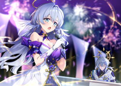 1boy 1girl aqua_eyes bare_shoulders blue_hair blurry blurry_background bracelet breasts brother_and_sister cleavage detached_sleeves dress earrings face_jewel fireworks floating_hair gloves halo head_wings holding holding_microphone honkai:_star_rail honkai_(series) jewel_under_eye jewelry long_hair microphone music open_mouth purple_dress robin_(honkai:_star_rail) short_sleeves siblings singing sunday_(honkai:_star_rail) tsuezu two-tone_dress white_dress white_gloves wings