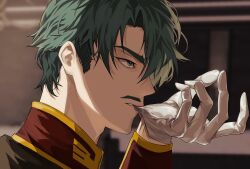 1boy biting biting_glove challia_bull commentary_request facial_hair gloves green_eyes green_hair gundam gundam_gquuuuuux highres jacket long_sleeves male_focus military_jacket military_uniform mustache portrait profile short_hair solo zerozany