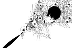 benkdjjituibot black_hair daisy_(flower) empty_eyes fern flower greyscale hair_between_eyes head_tilt highres looking_at_viewer monochrome no_mouth omniscient_reader&#039;s_viewpoint peeking poppy_(flower) portrait short_hair too_many_flowers torn_paper