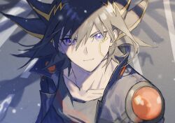 Rule 34 | 1boy, black hair, black shirt, blonde hair, blue jacket, crimson dragon, ebira, facial mark, fudo yusei, jacket, looking at viewer, male focus, medium hair, multicolored hair, purple eyes, shirt, solo, spiked hair, streaked hair, two-tone hair, upper body, yu-gi-oh!, yu-gi-oh! 5d&#039;s