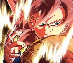 Rule 34 | 1boy, aura, black vest, blue eyes, body fur, brown fur, close-up, dragon ball, dragon ball gt, dragon ball z dokkan battle, gekiroo, gogeta, long hair, looking back, male focus, metamoran vest, red hair, smirk, solo, spiked hair, super saiyan, super saiyan 4, vest