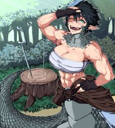 1girl ;d abs absurdres antares_topaz aqua_eyes arm_up bandages bare_shoulders black_gloves black_hair breasts chest_sarashi cleavage commentary commission fingerless_gloves gloves grass highres lamia looking_at_viewer midriff monster_girl muscular one_eye_closed open_mouth original pointy_ears sarashi short_hair smile solo stomach strapless sword tree_stump tube_top weapon