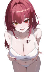 1girl :d absurdres arrow_through_heart breast_tattoo breasts camisole cleavage collarbone commentary ear_piercing earrings grabbing_own_breast hair_down heart heart_tattoo heterochromia highres hololive houshou_marine jewelry kkato large_breasts long_hair looking_at_viewer nail_polish navel no_pants open_mouth panties piercing red_eyes red_hair red_nails simple_background smile solo tattoo underwear underwear_only virtual_youtuber white_background white_camisole white_panties yellow_eyes