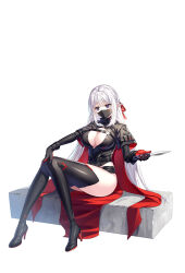 Rule 34 | 1girl, black boots, black gloves, black shirt, black shorts, black thighhighs, boots, bow, braid, breasts, cape, cleavage, closers, dagger, full body, gloves, hair bow, high collar, high heel boots, high heels, highres, holding, holding dagger, holding knife, holding weapon, knees together feet apart, knife, large breasts, levia (closers), long hair, long sleeves, looking ahead, mask, micro shorts, midriff peek, mouth mask, official art, plunging neckline, pointy ears, purple eyes, shirt, shorts, simple background, sitting, solo, thigh boots, thighhighs, thighs, very long hair, weapon, white background, white hair