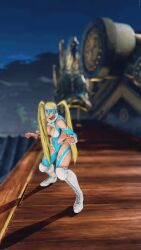 1girl 3d animated animated_gif antenna_hair ass ass_cutout bare_shoulders blonde_hair blue_eyes blue_leotard boots breasts capcom cleavage cleavage_cutout clothing_cutout curvy domino_mask female_focus frilled_leotard frills game_screenshot heart_cutout highleg highleg_leotard highres hip_attack huge_ass large_breasts leotard long_hair mask muscular muscular_arms muscular_back muscular_female muscular_legs rainbow_mika revealing_clothes solo street_fighter street_fighter_v thick_thighs thigh_boots thighhighs thighs thong_leotard twintails wide_hips wrestling_outfit