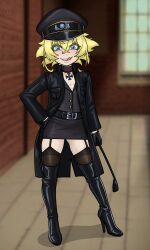 1girl aaaninja artist_logo belt belt_buckle black_choker black_gloves black_skirt black_thighhighs blonde_hair blue_eyes blush boots breasts buckle choker cross day dominatrix full_body garter_straps gloves gluteal_fold hand_on_own_hip hat high_heel_boots high_heels highres holding holding_riding_crop indoors iron_cross jacket jewelry leather leather_belt leather_boots leather_gloves leather_jacket licking_lips lips logo looking_at_viewer microskirt military_hat military_uniform naughty_face nazi necklace riding_crop short_hair skirt small_breasts smile solo standing tanya_degurechaff thigh_boots thighhighs tongue tongue_out watermark window you_gonna_get_raped youjo_senki zettai_ryouiki