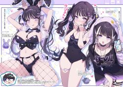 1girl black_choker black_hair breasts cellphone choker fishnet_pantyhose fishnets hair_ornament harness heart heart-shaped_pupils japanese_text kat_(bu-kunn) large_breasts leotard navel one-piece_swimsuit original pantyhose phone playboy_bunny purple_eyes rabbit_hair_ornament single_thighhigh smartphone swimsuit symbol-shaped_pupils thigh_strap thighhighs twintails wristband