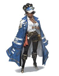 1girl absurdres arowana2111 black_boots black_eyes black_hair black_pants blue_coat boots breasts buttons cleavage coat coat_on_shoulders commentary dark-skinned_female dark_skin dress_shirt english_commentary full_body hand_up high_heel_boots high_heels highres kneehighs lips looking_at_viewer medium_breasts original pants shadow shirt short_hair socks solo visor_cap white_background white_shirt