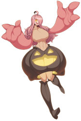 Rule 34 | 1girl, absurdres, ahoge, boots, breasts, dress, fangs, female focus, gen 6 pokemon, gourgeist, hair over one eye, highres, huge breasts, jack-o&#039;-lantern, knee boots, long hair, nintendo, open mouth, personification, pink hair, pokemon, simple background, smile, solo, spacezin, white background, yellow eyes