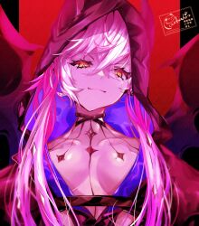 1girl black_hoodie breasts commentary_request fate/grand_order fate_(series) highres hood hoodie lilith_(fate) long_hair looking_at_viewer panda=hiro red_background smile solo twintails upper_body white_hair wings yellow_eyes