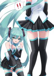 ! !! 1girl amaama_(beccyonaika1) aqua_eyes aqua_hair bare_shoulders black_skirt blush boots breasts collarbone detached_sleeves embarrassed hair_between_eyes hair_ornament hatsune_miku highres long_hair long_sleeves looking_at_viewer medium_breasts miniskirt open_mouth pleated_skirt shirt simple_background skirt sleeveless sleeveless_shirt speech_bubble thigh_boots thighhighs twintails twintails_day very_long_hair vocaloid white_background white_shirt wide_sleeves zettai_ryouiki