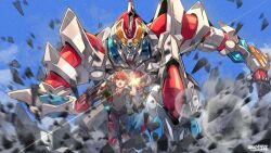Rule 34 | acceptor, armor, blue eyes, blue sky, cloud, cloudy sky, day, gao ex kaiser, glowing, gridman (character), gridman (ssss), gridman universe, hibiki yuuta, highres, open mouth, outdoors, pants, red hair, school uniform, shirt, short hair, short sleeves, sky, ssss.gridman, tokusatsu, white shirt, yellow eyes
