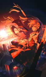 1girl absurdres cityscape dress dusk floating_hair flower grey_eyes grey_hair hair_flower hair_ornament heterochromia highres isekaijoucho kamitsubaki_studio long_hair looking_at_viewer red_eyes solo sunset very_long_hair walluka wind