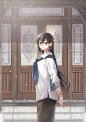 1girl alternate_costume black_hair black_pantyhose blue_jacket brown_eyes collared_shirt commentary_request cover door dress_shirt fake_magazine_cover hair_between_eyes highres jacket kantai_collection long_hair looking_at_viewer machi_(ritovoyage) magazine_cover nagato_(kancolle) pantyhose red_eyes shirt solo textless_version white_shirt