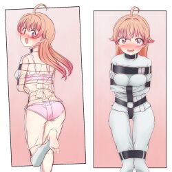 Rule 34 | 1girl, ahoge, arms across body, arms under breasts, barefoot, bdsm, blonde hair, blush, bondage, bound, bound arms, bound legs, bra, breasts, commentary request, from behind, highres, jacket, long hair, looking at viewer, medium breasts, multiple views, orukod, panties, pants, pink bra, pink eyes, pink panties, see-through clothes, smile, straitjacket, underwear, wakatsuki niko, white jacket, white pants, witch watch