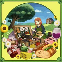1girl alcohol animated animated_gif apple braid brown_hair cat cheese cup drinking_glass food fork fruit green_eyes hedgehog highres house knife lantern mituhati original outdoors picnic shark short_hair solo swing twin_braids watch wine wine_glass wristwatch