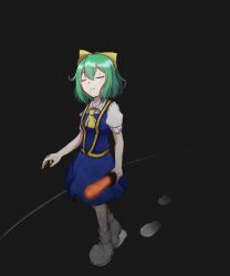 1girl ascot blue_skirt blue_vest boots bow breasts closed_eyes closed_mouth collared_shirt commentary cookie_(touhou) daiyousei diyusi_(cookie) expressionless footprints full_body green_hair grey_background grey_boots hair_bow high-visibility_clothing high-visibility_vest highres holding nanariku puffy_short_sleeves puffy_sleeves shirt short_hair short_sleeves skirt skirt_set small_breasts solo touhou traffic_baton vest walking white_shirt yellow_ascot yellow_bow