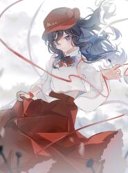 1girl bare_shoulders blue_eyes blue_hair bound bow bowtie closed_mouth commentary_request detached_sleeves dolls_in_pseudo_paradise frilled_skirt frills happy hat highres hutaodehetao label_girl_(dipp) long_hair long_skirt long_sleeves mandarin_collar midriff_peek red_bow red_bowtie red_hat red_ribbon red_skirt ribbon rope shirt side_ponytail skirt skirt_hold sleeveless sleeveless_shirt smile solo stake tied_up_(nonsexual) touhou upper_body white_shirt white_sleeves wide_sleeves