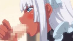 Rule 34 | 1girl, animated, animated gif, apron, blue eyes, blush, breasts, censored, cum, cum on body, dark-skinned female, dark skin, facial, fellatio, gokkun, liliana (wagaya no liliana-san), long hair, maid, maid apron, maid headdress, oral, paizuri, penis, pink pineapple, shiny skin, swallowing bulge, wagaya no liliana-san, white hair