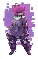 1girl bare_shoulders bigdad bra breasts cleavage closed_mouth collar covered_eyes fingerless_gloves fold-over_boots full_body gazlene_membrane gloves hair_over_eyes hand_on_own_hip invader_zim medium_breasts pantyhose pantyhose_under_shorts pear-shaped_figure pink_hair purple_footwear purple_gloves purple_shirt shirt short_hair shorts simple_background skull_print solo standing thick_thighs thighs torn_clothes torn_pantyhose underwear wide_hips