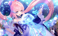 1girl absurdres air_bubble blue_gemstone blue_hair bow-shaped_hair breasts bubble cleavage colored_tips detached_sleeves dress ewaaawa fish floating_hair gem genshin_impact gloves half_gloves hands_up highres jellyfish long_hair long_sleeves medium_breasts multicolored_eyes multicolored_hair open_mouth pink_hair sangonomiya_kokomi shorts smile solo underwater very_long_hair vision_(genshin_impact) white_gloves white_shorts wide_sleeves