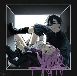 1boy 1girl absurdres alien_stage black_boots black_eyes black_jacket black_pants black_shirt boots box commentary english_commentary fang grey_shorts highres in_box in_container ivan_(alien_stage) jacket kuradrawings long_hair looking_at_viewer lying mizi_(alien_stage) one_eye_closed pants pink_hair red_pupils shirt short_hair shorts signature tongue tongue_out turtleneck turtleneck_shirt very_short_hair w white_shirt yellow_eyes