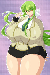 1girl absurdres alternate_breast_size ashford_academy_school_uniform belt breasts c.c. code_geass curvy expressionless forsakencause gigantic_breasts green_hair hair_ribbon highres huge_breasts miniskirt official_alternate_costume official_alternate_hairstyle original plump puffy_cheeks ribbon school_uniform shiny_skin skirt solo thick_lips thick_thighs thighs tight_clothes undersized_clothes weight_gain wide_hips yellow_eyes