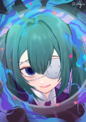 absurdres blue_eyes blue_hair collar delusional eyepatch hatsune_miku highres hole looking_at_viewer medical_eyepatch monitoring_(vocaloid) necktie oekkjan open_mouth pale_skin peephole school_uniform smile twintails vocaloid