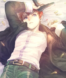 1boy belt black_jacket blue_eyes bomssp bullet commentary_request green_pants gun handgun holding holding_bullet holding_gun holding_weapon jacket jr. lying male_focus on_back on_bed open_clothes open_jacket pants red_hair shirt short_hair solo weapon white_shirt xenosaga xenosaga_episode_ii