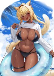 Rule 34 | 1girl, animal ears, beach, bikini, black bikini, blonde hair, blue sky, breasts, cat ears, cat girl, cat tail, cloud, dark-skinned female, dark skin, earrings, final fantasy, final fantasy xiv, gluteal fold, highres, innertube, jewelry, large breasts, legband, looking at viewer, miqo&#039;te, naughty face, navel, ocean, ponytail, red eyes, sand, shhilee, shrug (clothing), sky, swim ring, swimsuit, tail, thigh gap, warrior of light (ff14)
