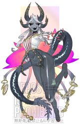 Rule 34 | 1girl, animal ears, artist name, black horns, black scales, black sclera, black skin, breasts, claws, colored inner hair, colored sclera, colored skin, colored tongue, commission, commissioner upload, curled horns, demon girl, demon horns, dragon tail, fingernails, full body, gradient hair, grey hair, grey skin, hair ornament, highres, holding own tail, horn ornament, horn ring, horns, huge horns, impossible clothes, impossible pants, leotard, long hair, long sleeves, looking at viewer, monster, monster girl, multicolored hair, multiple horns, nail polish, necktie, no pants?, open mouth, original, pink hair, pink nails, purple hair, red shoes, scales, sharp teeth, shirt, shoes, sido (slipknot), simple background, skeb commission, smile, solo, standing, striped clothes, striped shirt, tail, teeth, two-tone hair, vertical-striped clothes, vertical-striped shirt, white background, white shirt, yellow sclera