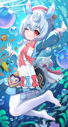 1girl absurdres aichinaigai animal_ears apron aqua_dress bandaged_neck bandages blue_hair blush bow bowtie dress genshin_impact gloves hair_ears hat highres long_sleeves looking_at_viewer low_twintails multicolored_hair nurse_cap one_eye_closed pantyhose pink_bow pom_pom_(clothes) puffy_shorts red_bow red_bowtie red_eyes shorts sigewinne_(genshin_impact) smile thighhighs twintails underwater white_apron white_gloves white_hat white_pantyhose white_thighhighs