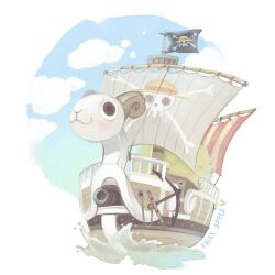 anchor artist_name bad_source blush cannon cloud commentary english_commentary fairyapple flag going_merry gradient_background jolly_roger mast no_humans ocean one_piece pirate_ship prow sailing_ship ship sky straw_hats_jolly_roger tree veil watercraft