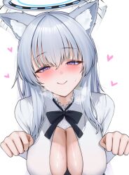 Rule 34 | 1girl, absurdres, afterimage, alternate costume, animal ear fluff, animal ears, black bow, black bowtie, blue archive, blush, bow, bowtie, breasts, cleavage, closed mouth, commentary, dog ears, frilled shirt collar, frills, grey hair, hair between eyes, half-closed eyes, halo, hands up, heart, heart-shaped pupils, heavy breathing, highres, kemonomimi mode, lanhua227, large breasts, long hair, long sleeves, looking at viewer, mechanical halo, motion lines, noa (blue archive), paw pose, purple eyes, shirt, sidelocks, simple background, smile, solo, sweat, symbol-shaped pupils, upper body, white background, white halo, white shirt
