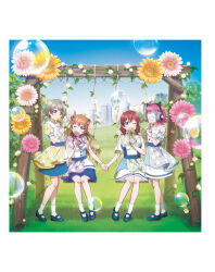 4girls ahoge animal_ear_headphones animal_ears artbook bandaid blowing_bubbles blue_eyes brown_hair bubble cat_ear_headphones double_bun dress emma_verde fake_animal_ears fence floral_print flower grey_hair hair_bun headphones highres holding holding_hands konoe_kanata long_hair looking_at_viewer love_live! love_live!_nijigasaki_high_school_idol_club mary_janes multiple_girls nakasu_kasumi non-web_source official_art one_eye_closed outdoors pink_eyes pink_hair purple_eyes rina-chan_board shoes short_hair sitting smile socks tennoji_rina