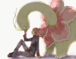 1boy affectionate arm_support asuka_rkgk black_footwear closed_mouth cowlick from_side game_freak gen_2_pokemon grey_pants hand_up highres jacket long_hair long_sleeves male_focus meganium nintendo pants pokemon pokemon_(creature) pokemon_hgss red_hair shoes silver_(pokemon) sitting white_background