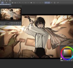 1boy art_program_in_frame attack black_eyes black_hair blood bloody_weapon blurry blurry_background crow&#039;s_eye_view_(e.g.o) dagger detached_wings dongrang_(project_moon) falling from_below glass_shards glowing hat highres holding holding_dagger holding_knife holding_weapon jacket jacket_on_shoulders knife letterboxed light_particles limbus_company looking_at_viewer out-of-frame_censoring outstretched_arm project_moon serious shirt short_hair straw_hat suspenders til_0816 upper_body weapon white_shirt wings yi_sang_(project_moon) zoom_layer