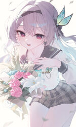 1girl aqua_hair black_hairband black_sailor_collar bouquet bow bowtie commentary firefly_(honkai:_star_rail) firefly_(spring_missive)_(honkai:_star_rail) flower gradient_eyes gradient_hair green_hair green_sailor_collar grey_hair hair_ornament hairband highres holding holding_bouquet honkai:_star_rail honkai_(series) huhi_(huhi_1211) long_hair long_sleeves looking_at_viewer multicolored_eyes multicolored_hair open_mouth parted_lips pink_flower pink_rose plaid_bow plaid_bowtie plaid_clothes plaid_skirt rose sailor_collar school_uniform shirt simple_background skirt solo teeth upper_teeth_only white_background white_flower white_lily white_shirt
