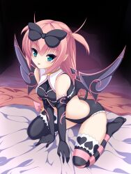 Rule 34 | 1girl, bed, black ribbon, blue eyes, breasts, elbow gloves, emil chronicle online, gloves, hair ribbon, heart, heart-shaped pupils, heart in eye, highres, kirua (nikohina), lilim (eco), medium breasts, narrow waist, on bed, pink hair, ribbon, sitting, striped clothes, striped thighhighs, symbol-shaped pupils, symbol in eye, thighhighs, wariza, wings