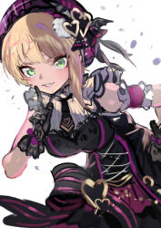 1girl black_dress black_gloves blonde_hair bow bowtie dress gloves green_eyes idolmaster idolmaster_cinderella_girls miyamoto_frederica open_mouth ran_(bukeranwu) short_hair white_background
