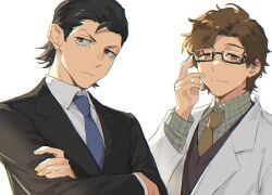 Rule 34 | 2boys, arm up, black-framed eyewear, black hair, black jacket, black shirt, blue necktie, brown eyes, brown hair, brown necktie, closed mouth, collared shirt, crossed arms, glasses, grey eyes, hiraga keisuke, isa (peien516), jacket, lapels, light frown, long sleeves, looking to the side, male focus, multiple boys, necktie, notched lapels, odagiri hidetoshi, parted hair, persona, persona 3, plaid clothes, plaid shirt, semi-rimless eyewear, shirt, short hair, short sideburns, sideways glance, simple background, smile, suit jacket, upper body, v-neck, white background, white jacket, white shirt, wing collar