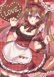 1girl animal_ears applying_manicure apron bow bowtie breasts brown_collar brown_hair brown_nails brown_thighhighs cat_ears collar colored_inner_hair commentary detached_collar dress food fork frilled_apron frilled_dress frills fruit hair_between_eyes hair_bow highres holding holding_fork long_hair looking_at_viewer maid multicolored_hair multicolored_nails nail_polish original pink_eyes pink_hair pink_nails plaid_bow plaid_bowtie plaid_clothes plaid_dress puffy_short_sleeves puffy_sleeves red_bow red_bowtie shimatamago short_sleeves solo strawberry symbol-only_commentary thighhighs twintails two-tone_hair valentine waist_apron white_apron