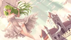 1girl bird blue_sky breasts castle cleavage closed_mouth cloud dress dutch_angle feathers feet_out_of_frame floating_hair flower frilled_dress frills green_hair hair_flower hair_ornament highres holding holding_umbrella large_breasts long_hair looking_to_the_side mocha_(osu!) osu! parasol pink_eyes second-party_source short_dress sideways_glance skirt_hold sky smile solo split_mouth standing strapless strapless_dress umbrella vio_(osu!_player) white_dress white_feathers white_flower white_umbrella