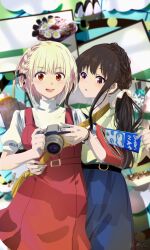 2girls absurdres belt black_belt black_ribbon blonde_hair blue_skirt bracelet braid camera commentary_request dress hair_ribbon hand_on_another&#039;s_waist highres holding holding_camera inoue_takina jewelry low_side_ponytail lycoris_recoil multiple_girls nishikigi_chisato open_mouth orange_eyes pinafore_dress purple_eyes red_dress ribbon sengoku_chidori shirt short_sleeves skirt sleeveless sleeveless_dress teeth white_shirt yuri