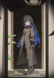 1girl absurdres bdsm black_hair black_pantyhose blue_eyes blue_hair bondage bondage_cuffs bound bound_legs bound_thighs coat collar collared_shirt full_body highres long_hair looking_at_mirror looking_at_viewer mask mirror mouth_mask original pantyhose pleated_skirt restrained shibari shibari_over_clothes shirt shoes skirt slave solo standing stealth_bondage surgical_mask very_long_hair white_shirt xiongmao