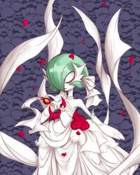 amaranthnymph bob_cut closed_eyes dress dress_flower elbow_gloves flower gardevoir gen_3_pokemon gloves green_hair hair_over_one_eye highres mega_gardevoir mega_pokemon nintendo petals pokemon pokemon_(creature) red_petals white_dress white_gloves