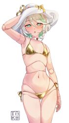 1girl absurdres arm_up armpits bikini braid cecilia_immergreen colored_inner_hair commentary cowboy_shot doll doll_joints double-parted_bangs english_commentary flat_chest gluteal_fold gold_bikini golden_week green_eyes green_hair grey_hair hair_between_eyes hat highres hololive hololive_english joints looking_at_viewer multicolored_hair navel open_mouth short_hair side-tie_bikini_bottom side_braid simple_background single_braid solo stomach straight-on streaked_hair string_bikini sun_hat swimsuit takoroki teeth thigh_gap upper_teeth_only virtual_youtuber white_background white_hat winding_key