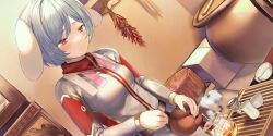 1girl alternate_costume animal_ears blue_hair blush breasts closed_mouth commentary cup dress english_commentary floppy_ears game_cg gold_trim grey_dress highres holding holding_teapot indoors long_sleeves medium_breasts multicolored_dress official_art pouring rabbit_ears rabbit_girl red_eyes reisen_(peacekeeper_of_the_capital)_(touhou_bougetsushou) reisen_(touhou_bougetsushou) solo steam tea teapot third-party_source touhou touhou_lostword y_o_u_k_a