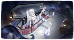 1girl absurdres areola_slip ass azur_lane bandaged_arm bandaged_head bandaged_leg bandages bare_shoulders barefoot between_breasts blood blood_stain blue_eyes breasts budget_sarashi candle candlelight cleavage coffin coin cross fancy_(azur_lane) fancy_(grave_of_your_liking)_(azur_lane) feet feet_up glass_container gold_coin grey_eyes hair_between_eyes hair_ornament halloween halloween_costume highres huge_breasts jack-o&#039;-lantern knees_together_feet_apart large_breasts leg_up legs legs_up long_hair looking_at_viewer mummy_costume naked_bandage non-web_source official_alternate_costume official_art ohisashiburi parted_lips pumpkin revealing_clothes ribbon sarashi sitting skindentation soles solo tentacles thighs tile_floor tiles toenails toes transparent_background twintails very_long_hair white_hair