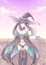 1girl arms_behind_back bare_shoulders beatrice_(iris_mysteria!) black_hair black_hat black_thighhighs breasts cat cleavage hat highres iris_mysteria! k_(nura-rikuo) large_breasts long_hair looking_at_viewer pointy_ears purple_sky sky thighhighs thighs witch_hat